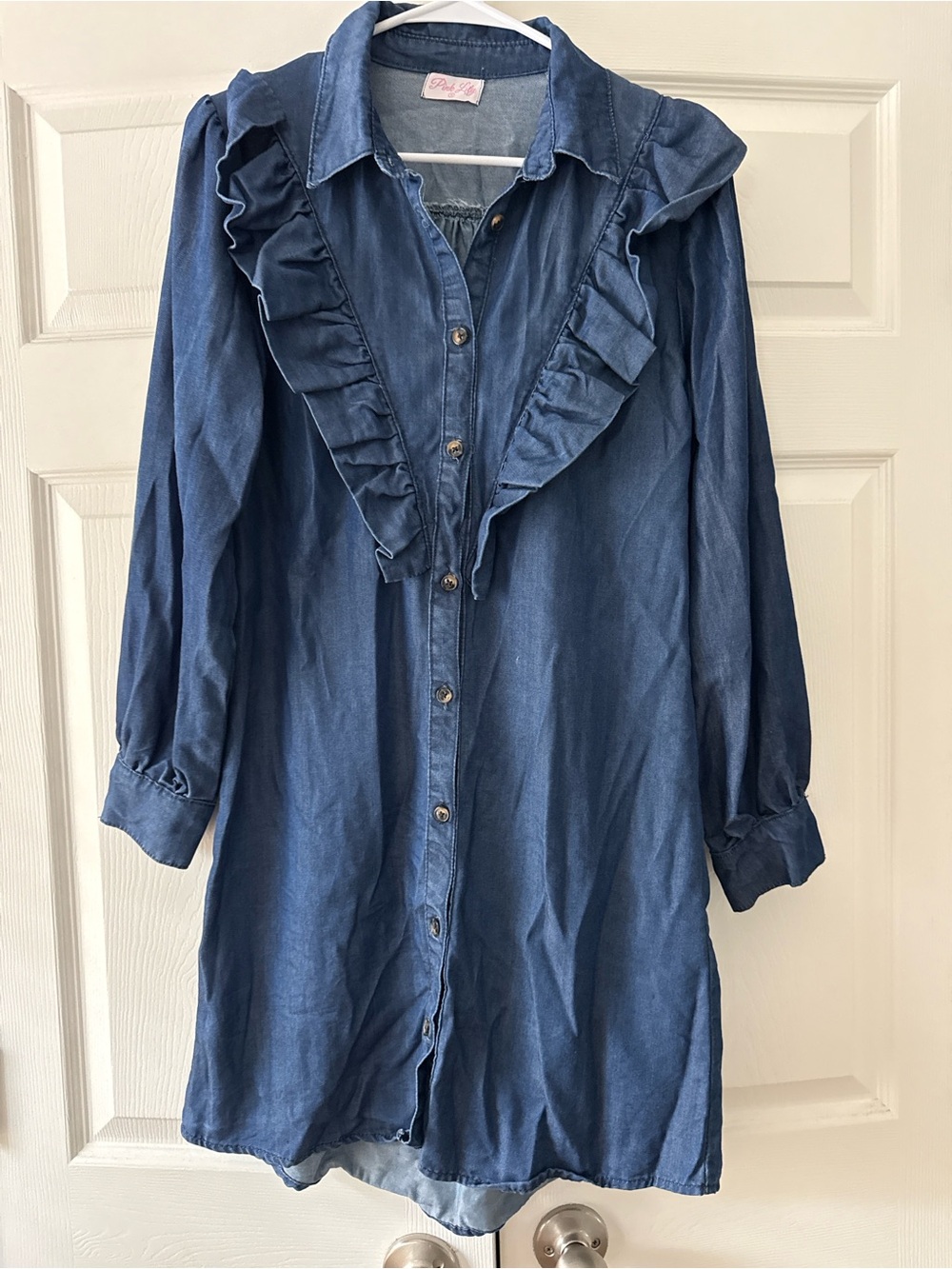 Pink Lily Denim Ruffle Button-Front Dress - Blue